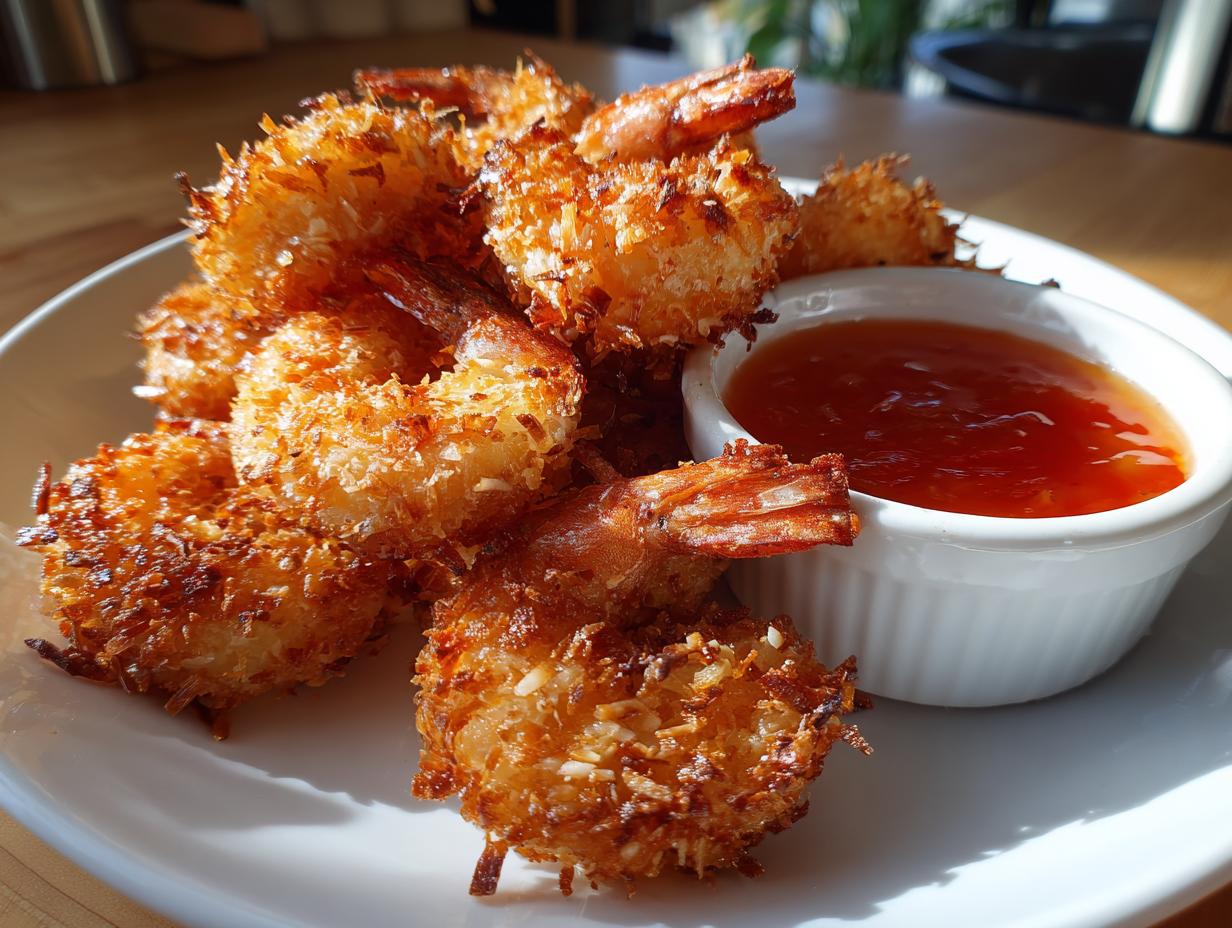 A plate of perfectly golden, crispy coconut shrimp served with a side of sweet chili dipping sauce.