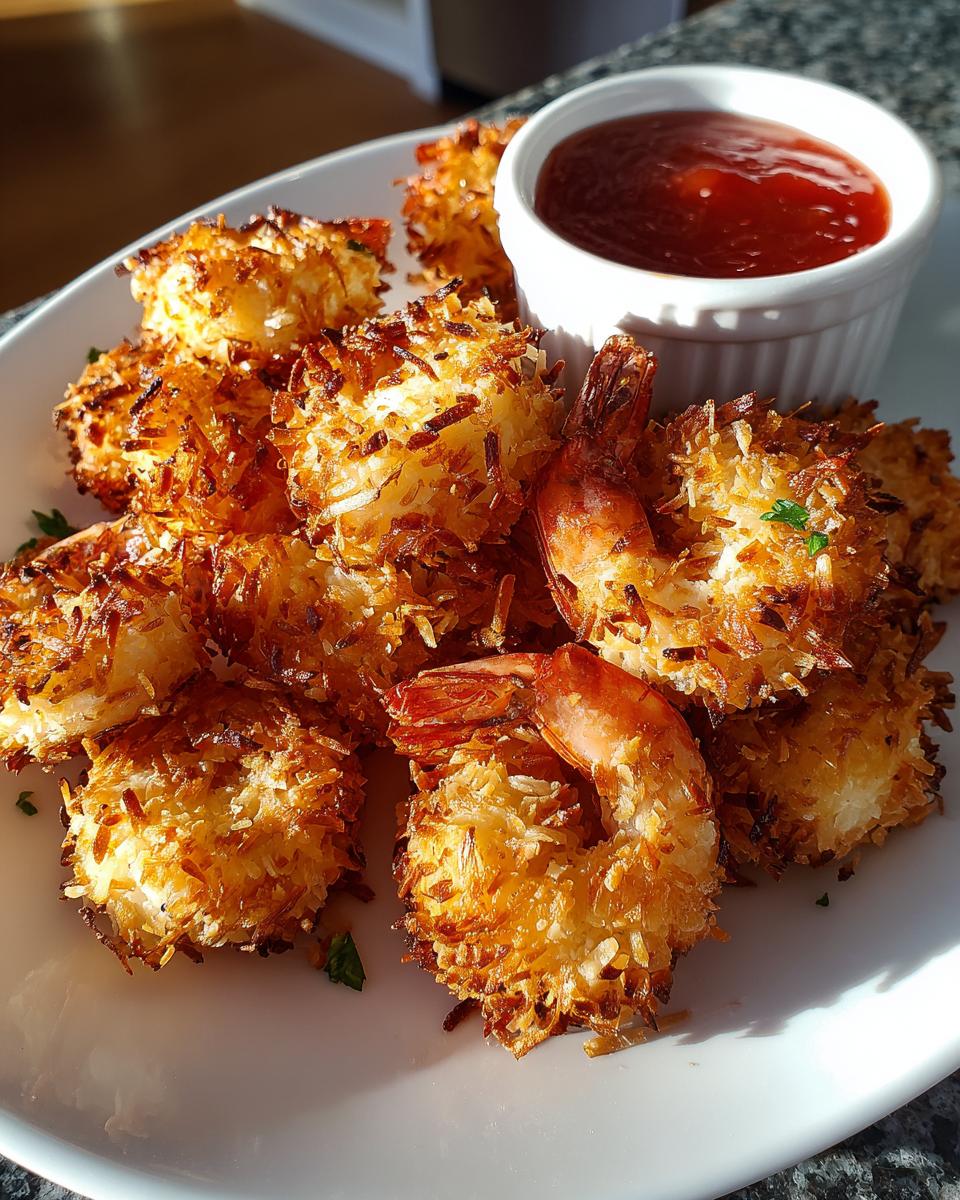 A plate of golden brown, crispy coconut shrimp served with a side of sweet chili dipping sauce.