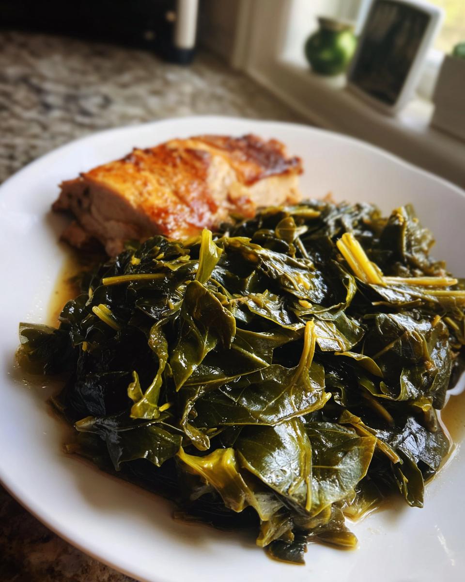 A serving of tender, braised collard greens next to a piece of glazed pork on a white plate.