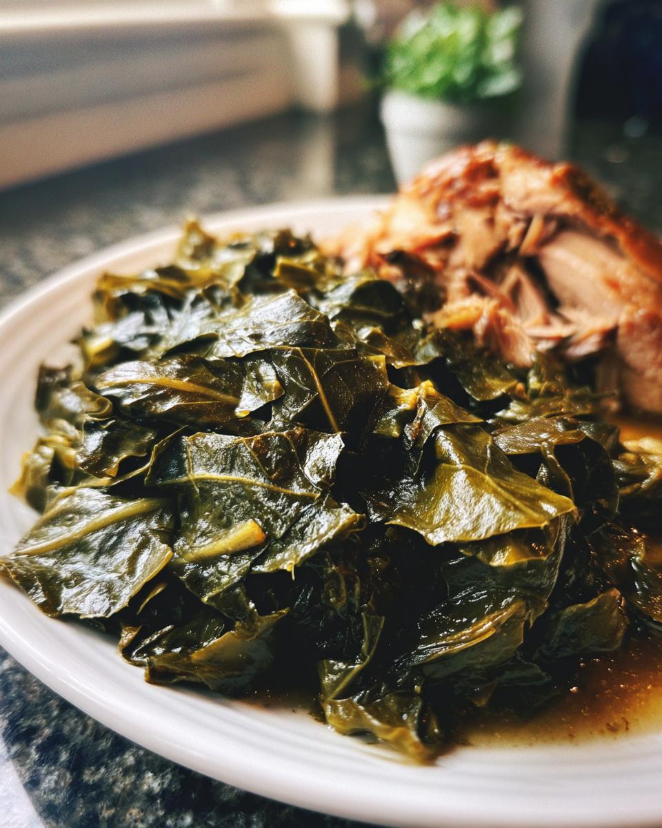 A close-up of tender, savory collard greens served alongside a piece of smoked meat on a white plate.