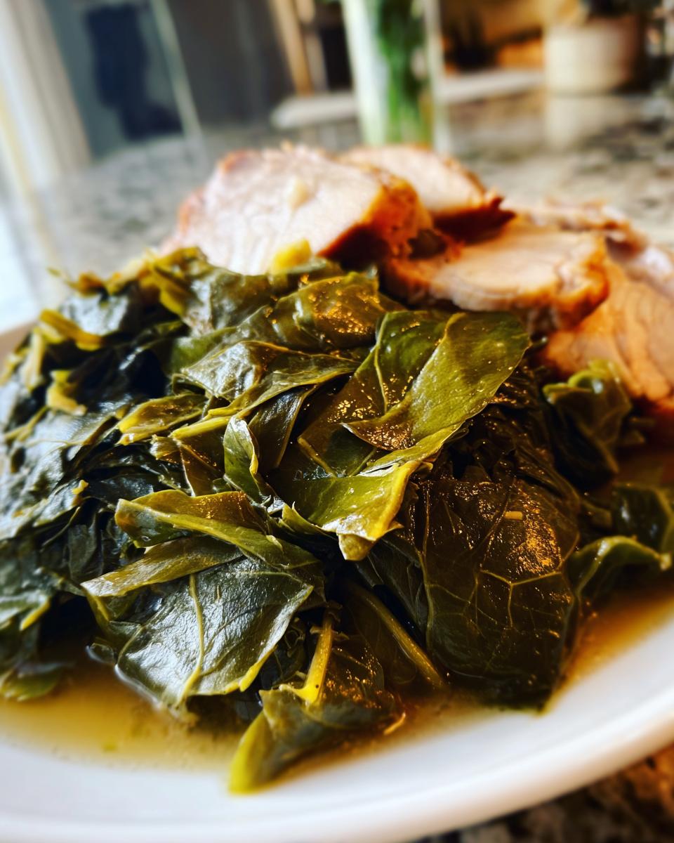A close-up of savory, slow-cooked collard greens served alongside slices of roasted pork on a white plate.