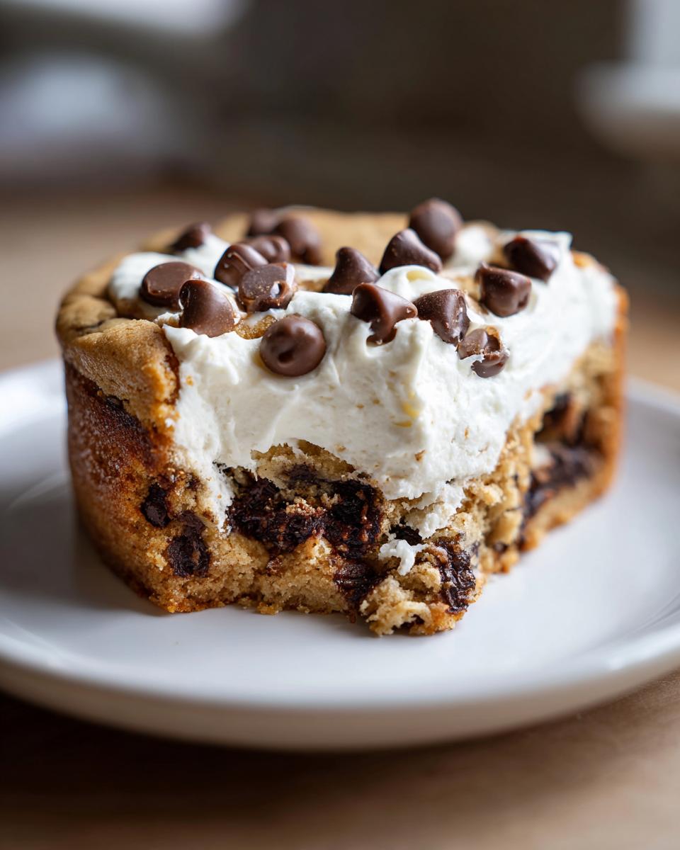Close-up of a thick slice of cookie cake recipe topped with white frosting and chocolate chips.