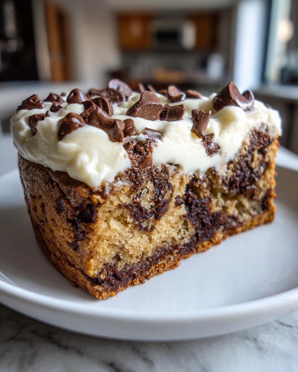 A thick slice of amazing cookie cake recipe, marbled with chocolate, topped with white frosting and chocolate chips.
