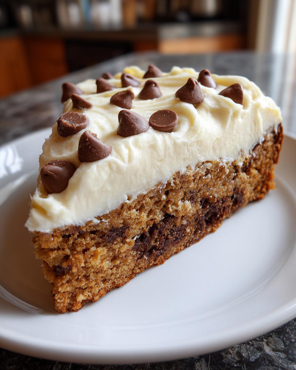 A generous slice of amazing cookie cake recipe topped with thick white frosting and chocolate chips.
