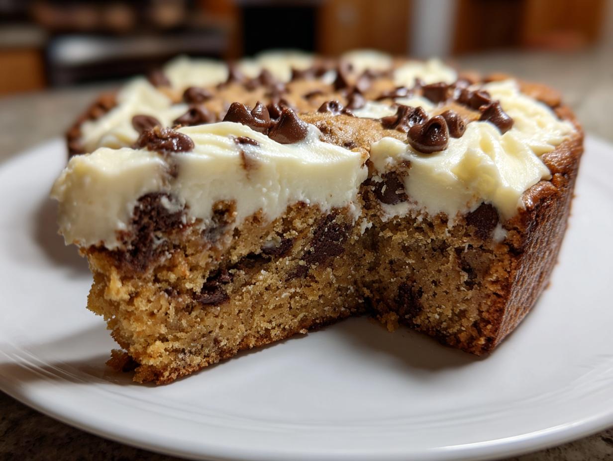 A thick slice cut from a chocolate chip cookie cake recipe, topped with white frosting and mini chips.