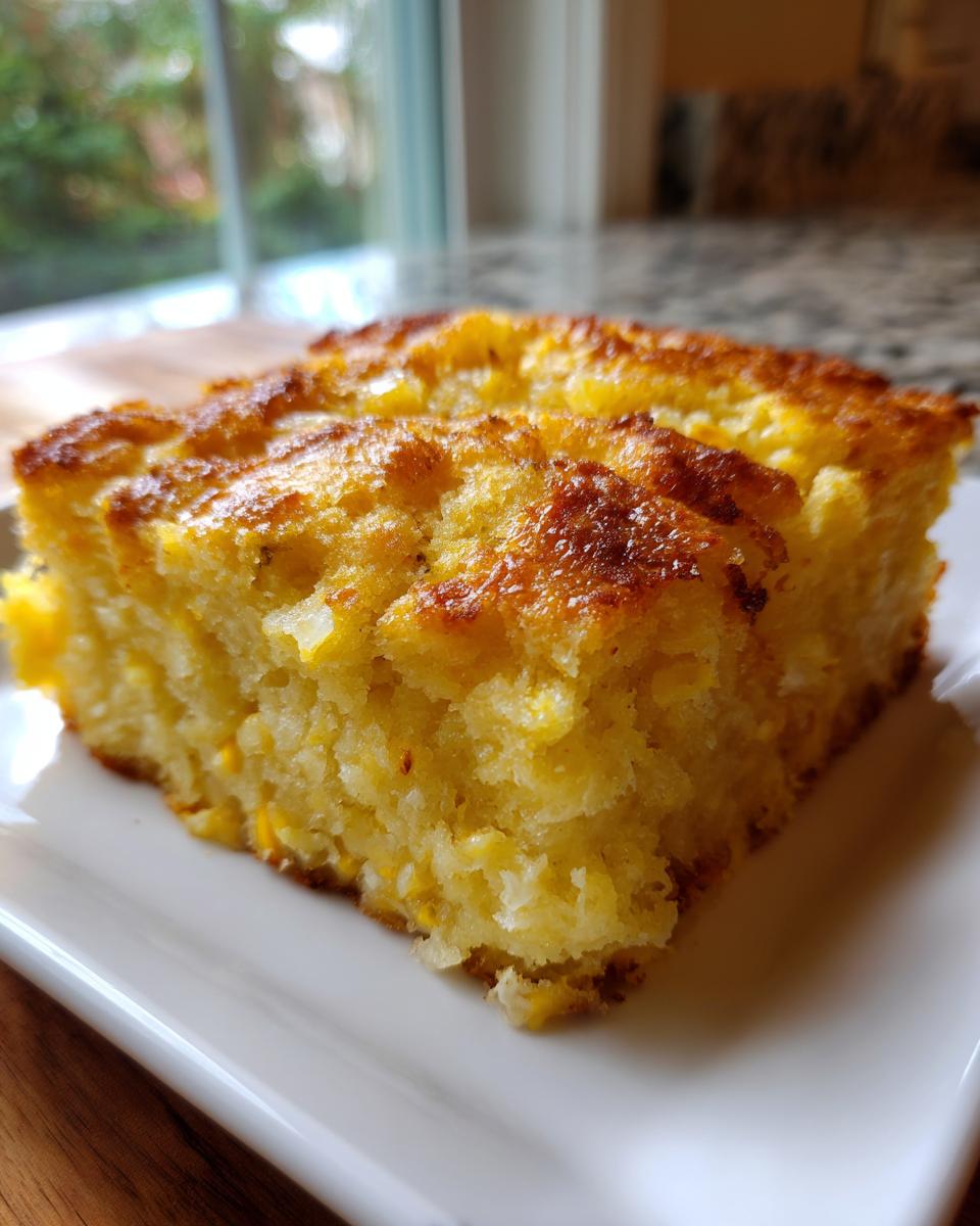 Close-up of a golden-brown slice of moist cornbread casserole served on a white rectangular plate.