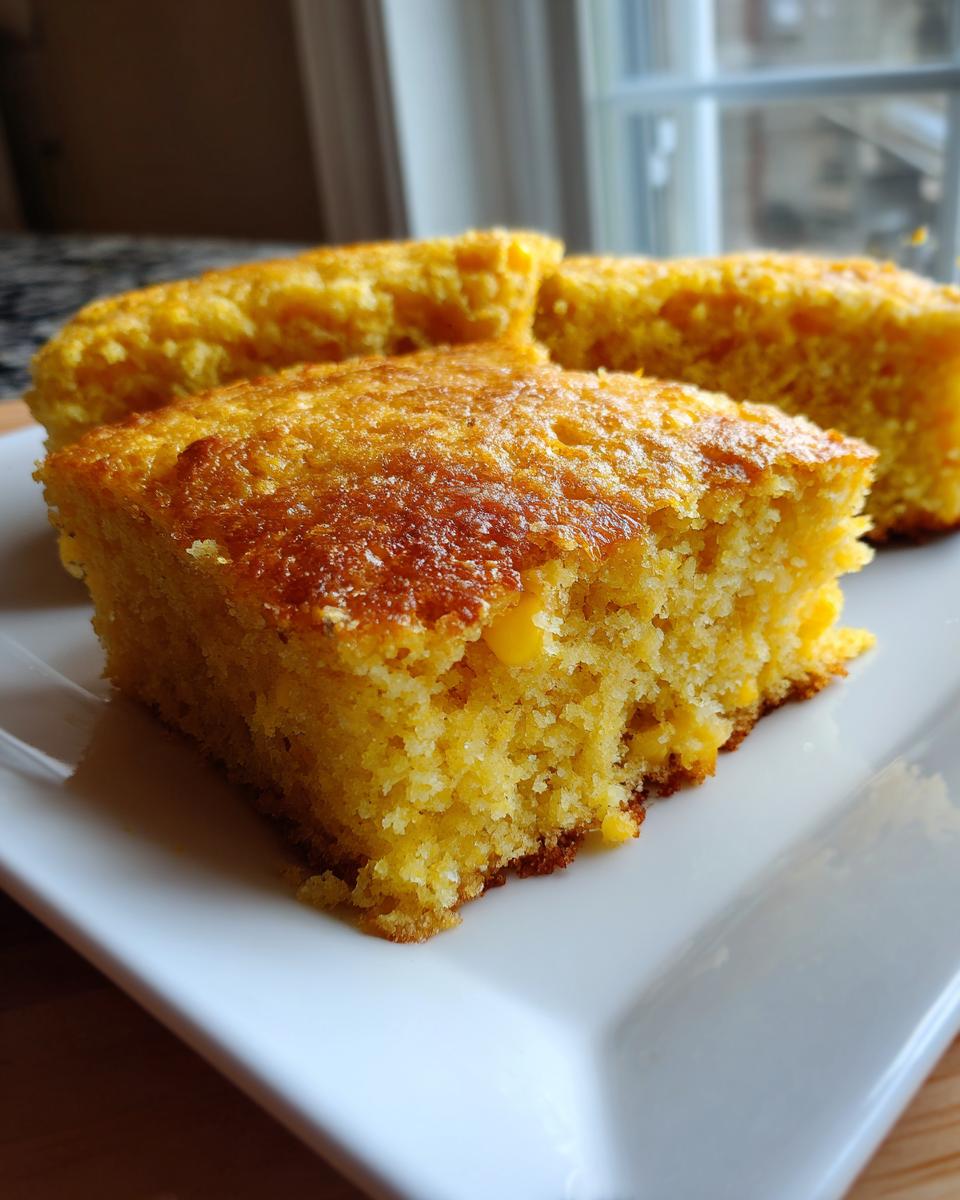Close-up of a golden, moist slice of cornbread casserole served on a white plate.