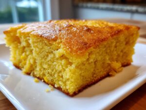 A close-up of a moist, square slice of golden cornbread casserole served on a white plate.