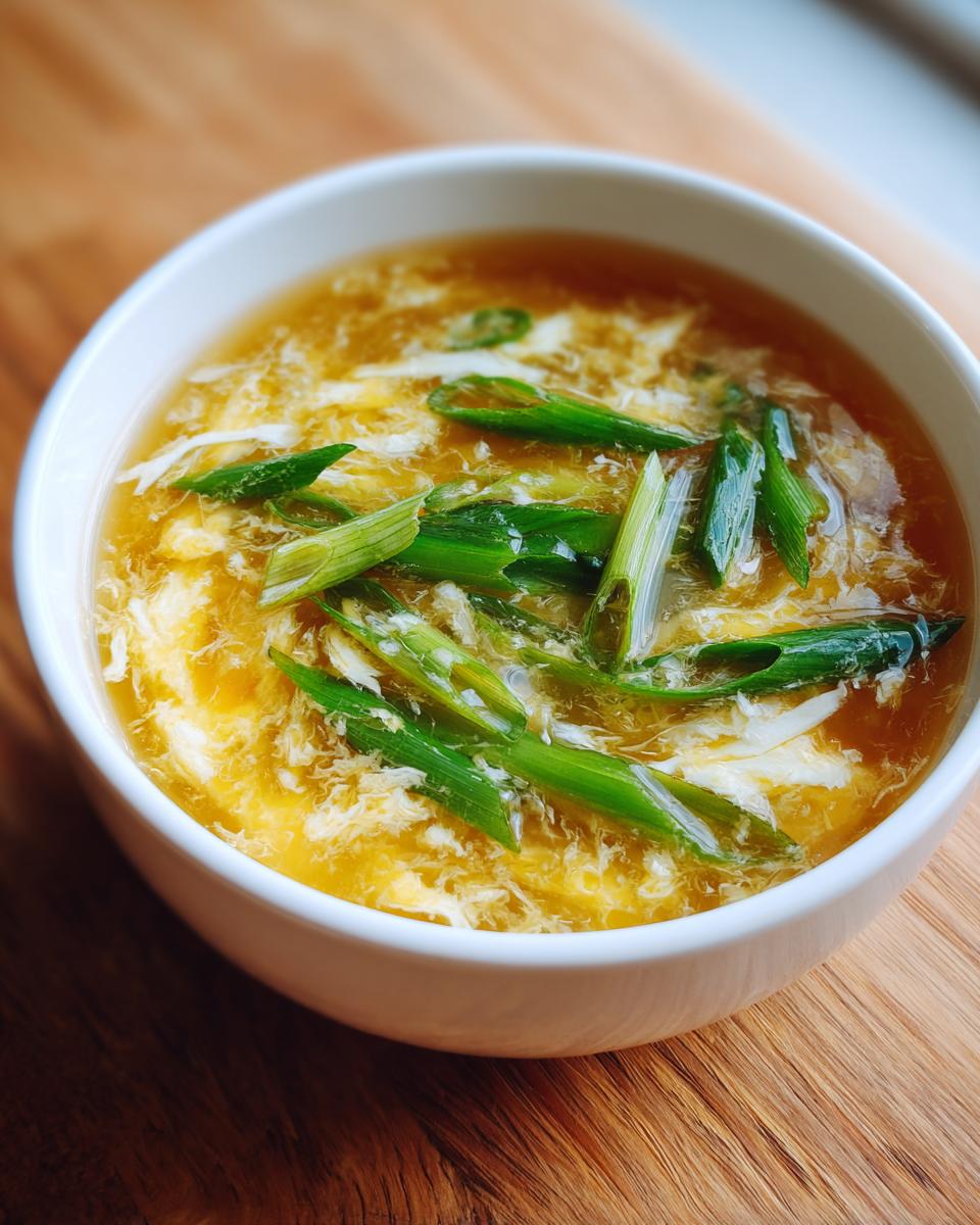 Close-up of a white bowl filled with golden egg drop soup, garnished generously with bright green scallions.