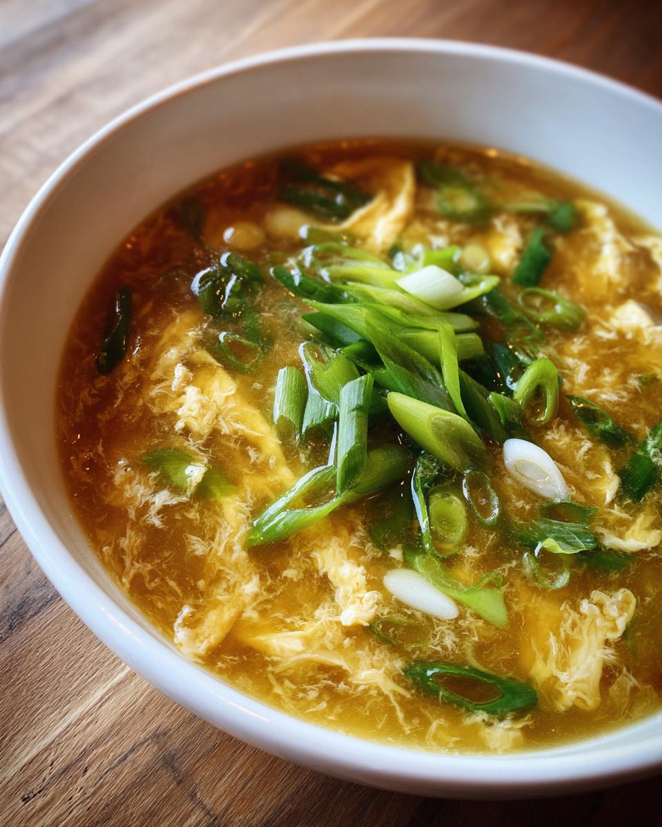 A close-up of a white bowl filled with golden broth egg drop soup, topped with fresh green onions.