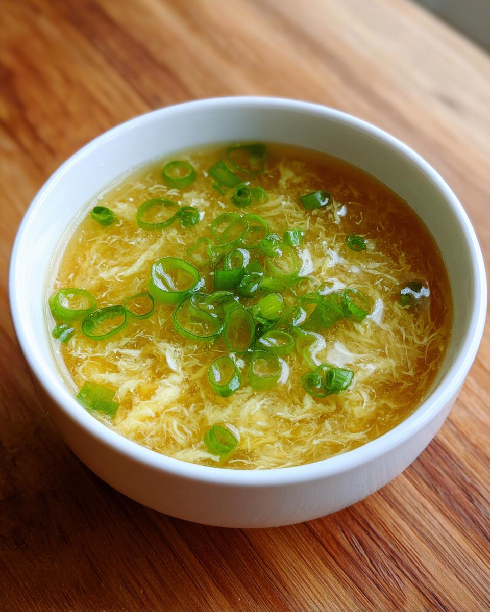 A white bowl filled with hot egg drop soup, featuring wispy cooked egg threads and topped with bright green sliced scallions.