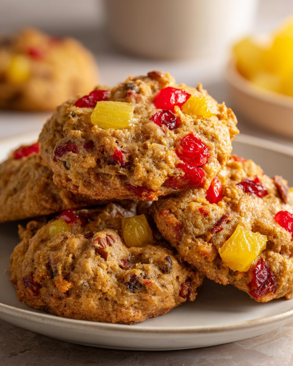 A stack of freshly baked fruitcake cookies loaded with bright red cherries and yellow pineapple pieces.