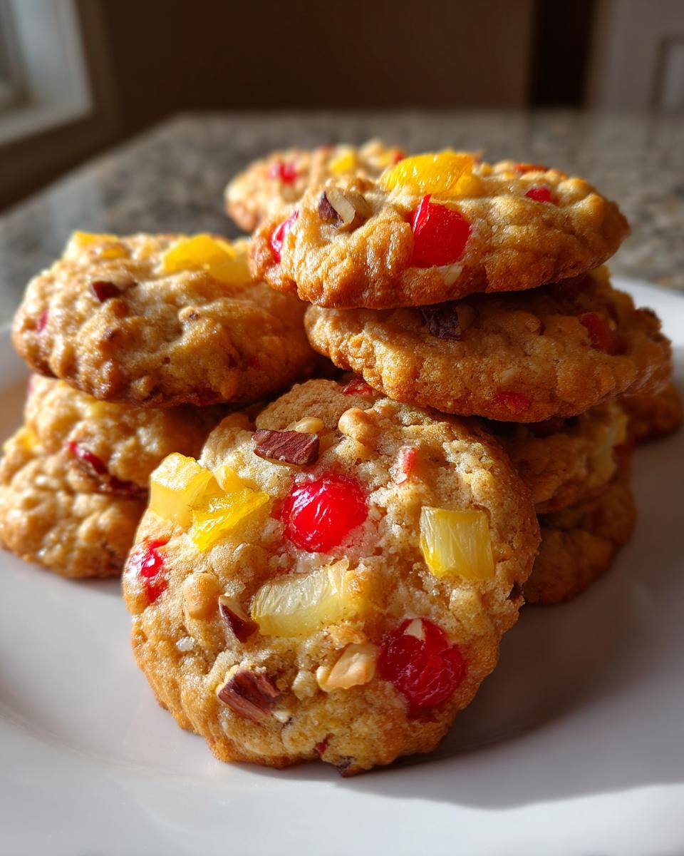 Close-up of a stack of golden brown fruitcake cookies loaded with red and yellow candied fruit and nuts.