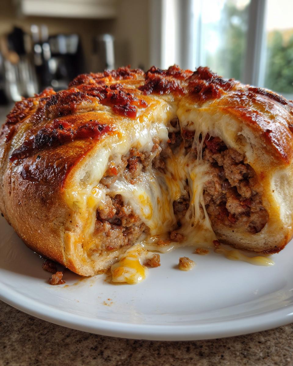 Close-up of amazing garbage bread cut open, revealing a savory meat filling and extremely melted, stringy cheese.