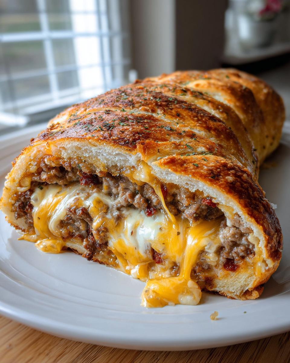 A close-up of a slice of amazing garbage bread showing a gooey, melted cheese pull over a savory meat filling.