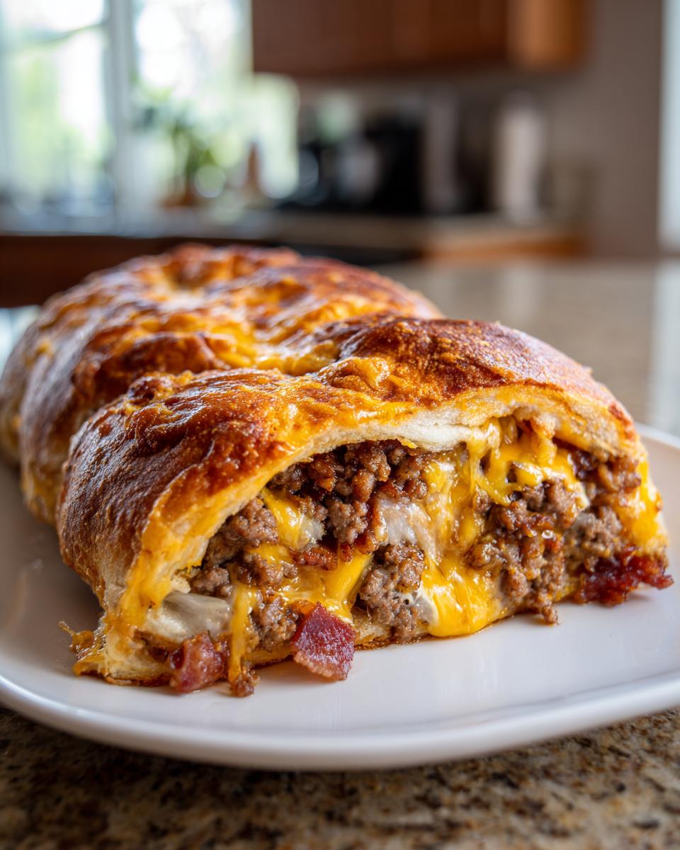 A cross-section view of amazing garbage bread stuffed with ground meat, bacon, and melted cheddar cheese.