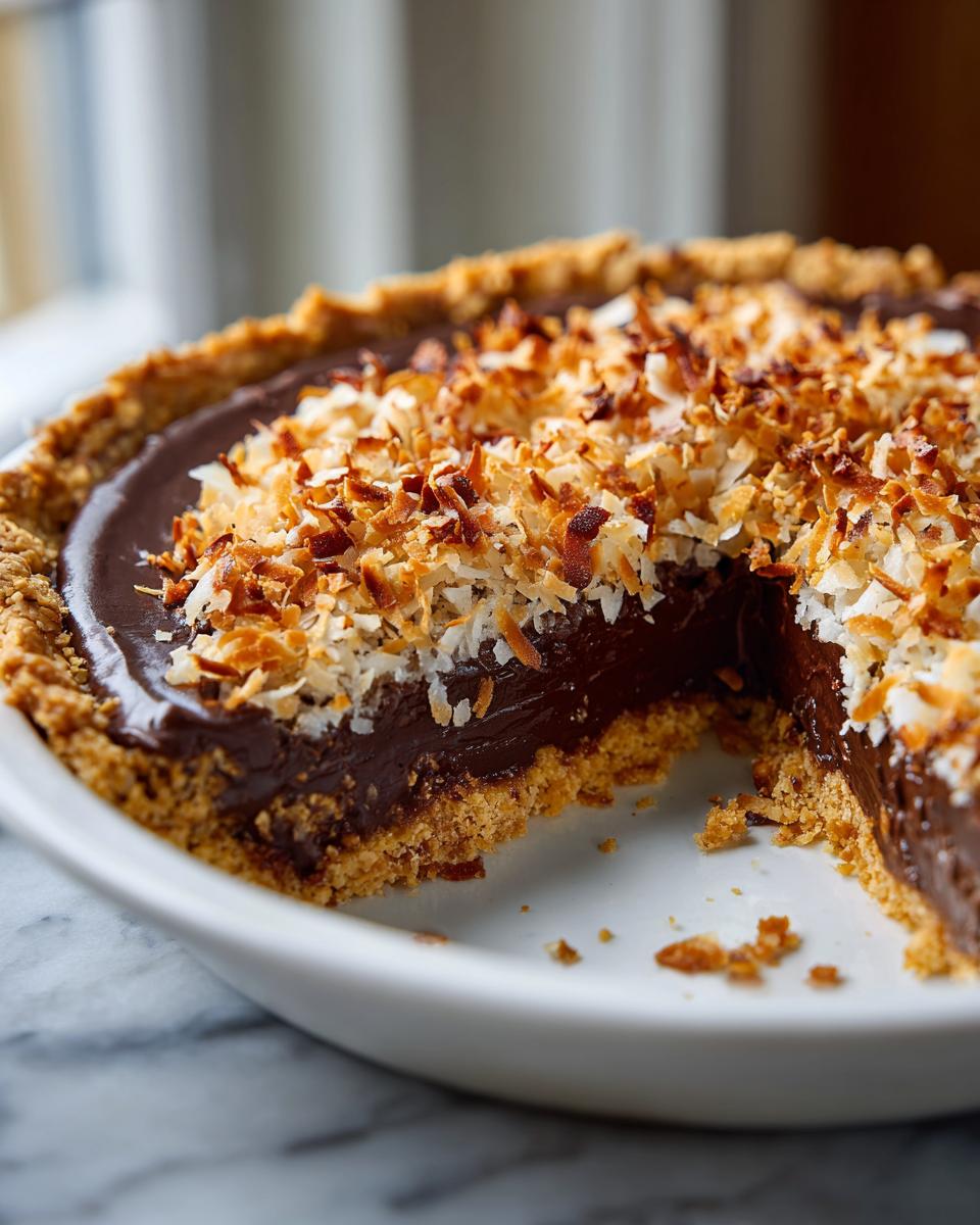 A close-up of a rich, dark chocolate filling in a graham cracker crust, topped generously with toasted coconut for an amazing german chocolate pie.