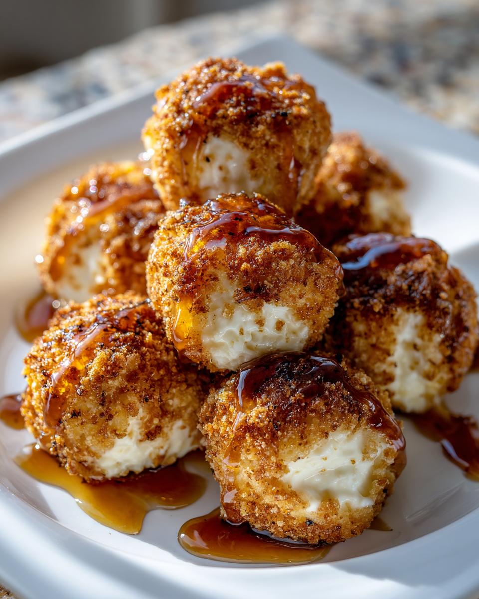A stack of crispy, golden-brown fried goat cheese balls drizzled generously with sweet brown syrup.