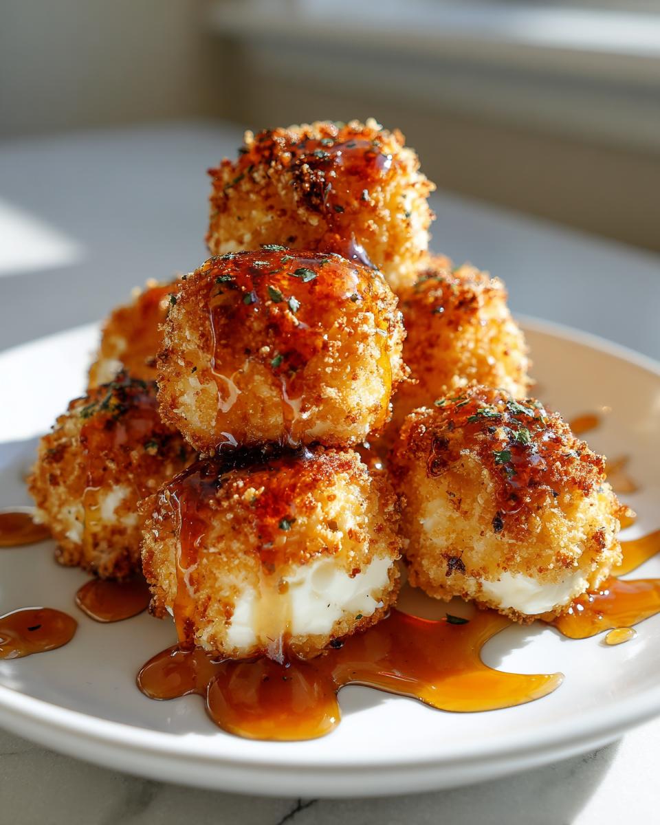 A stack of crispy, golden fried goat cheese balls drizzled with sweet honey sauce.