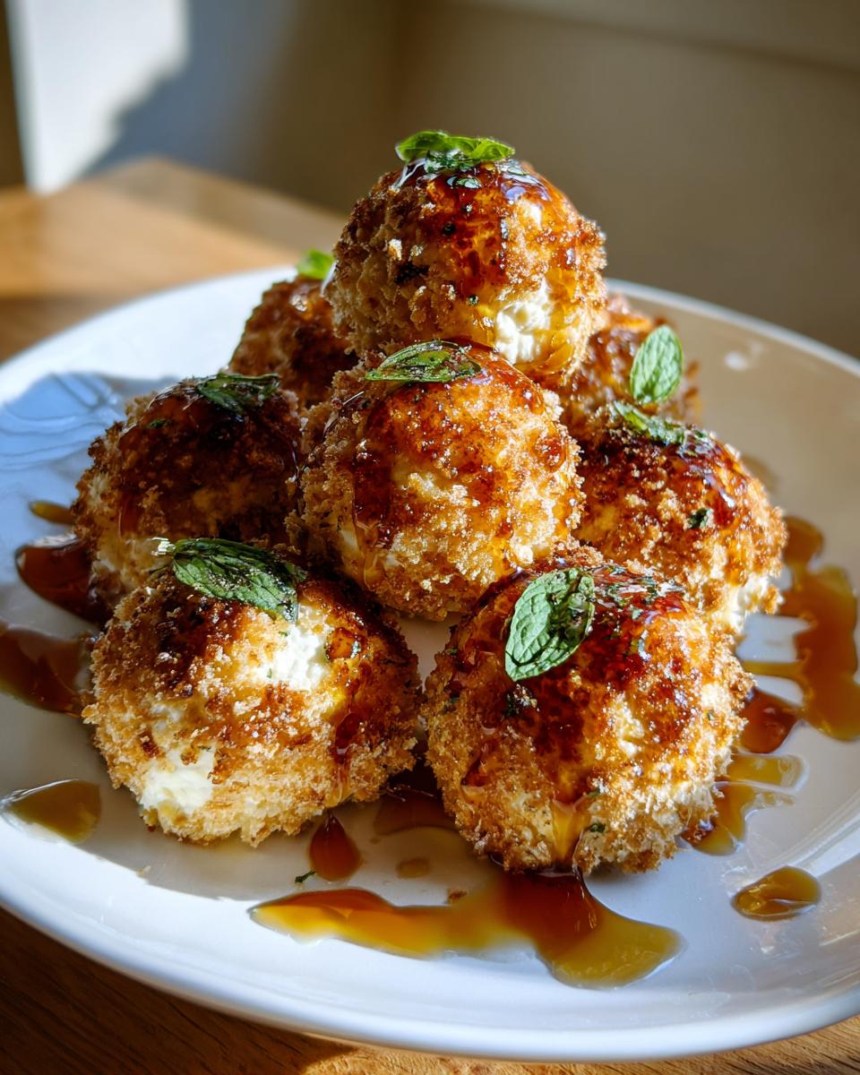 A stack of golden-brown, crispy fried goat cheese balls drizzled with a sweet brown glaze and topped with mint.