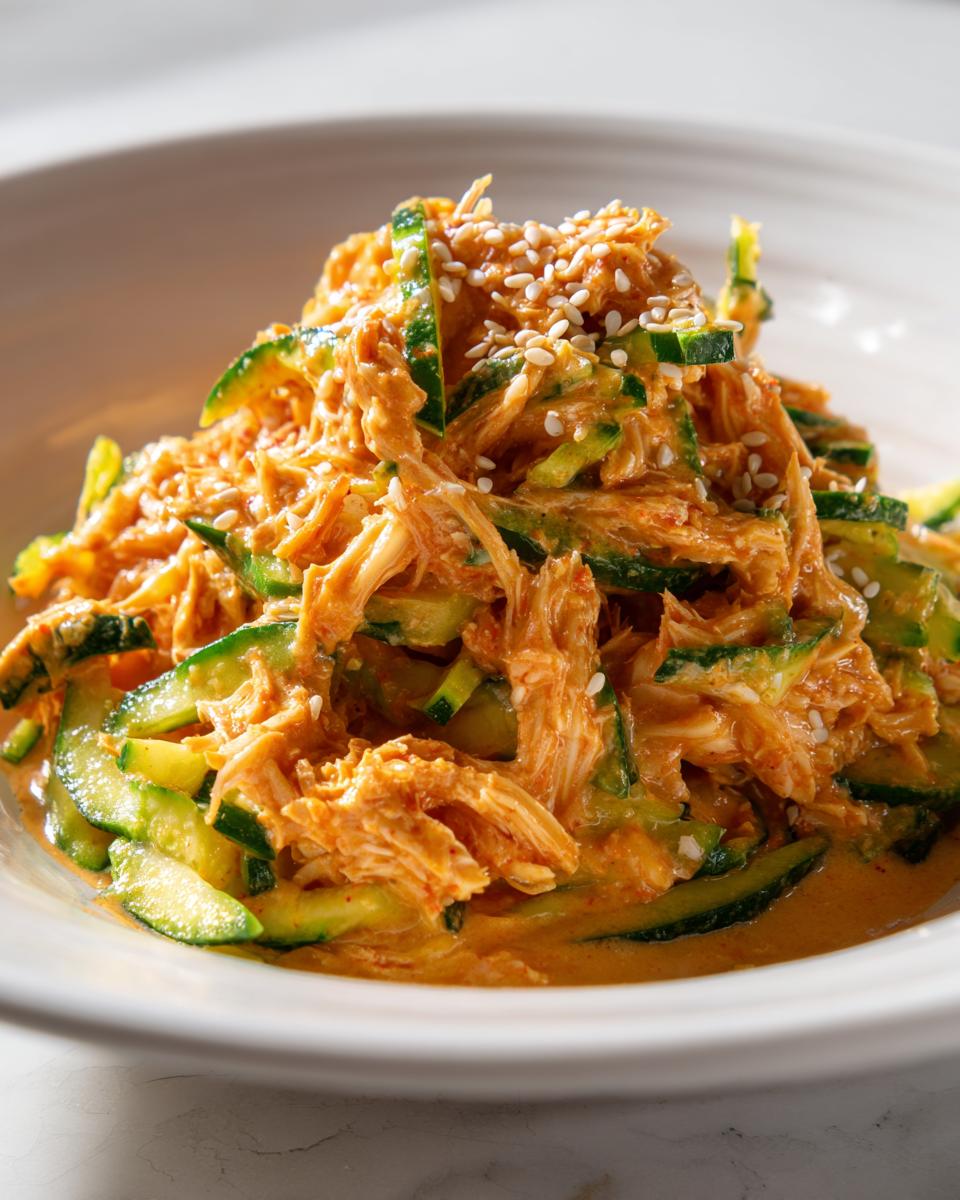 Close-up of a vibrant kani salad featuring shredded crab, sliced cucumbers, and a creamy orange dressing, topped with sesame seeds.