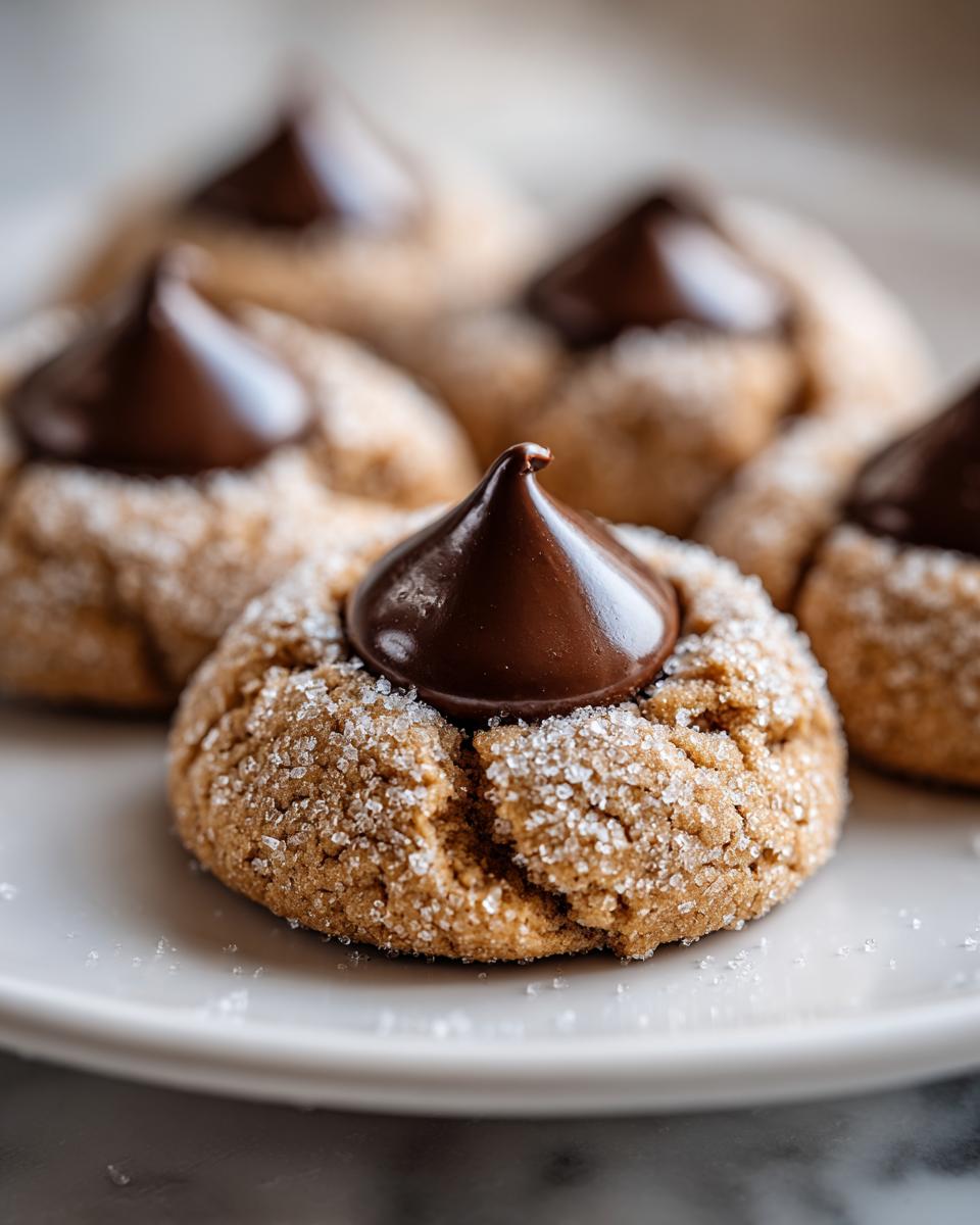 A close-up shot of a freshly baked, sugar-coated kiss cookie with a melted chocolate kiss pressed into the center.