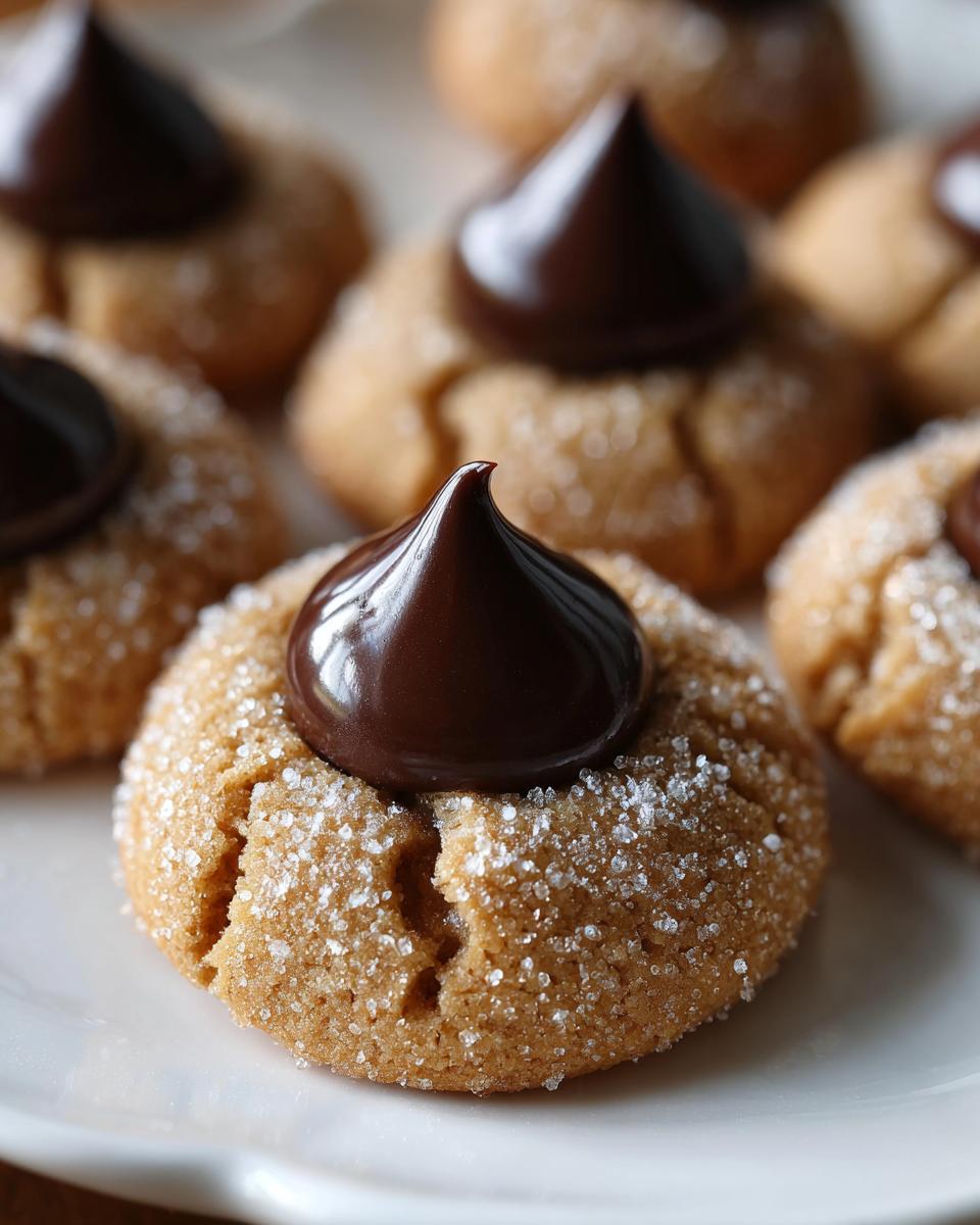 A close-up of a sugar-coated peanut butter kiss cookie topped with a shiny chocolate candy.