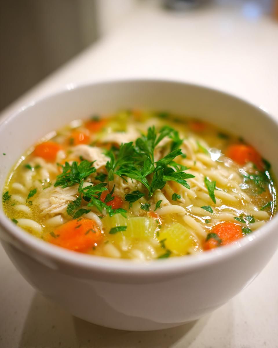A close-up of a white bowl filled with amazing penicillin soup, featuring noodles, carrots, celery, and fresh parsley garnish.