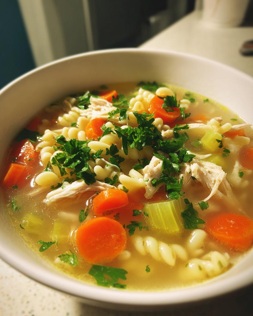 A close-up of a bowl of amazing penicillin soup featuring shredded chicken, carrots, celery, pasta, and fresh parsley garnish.