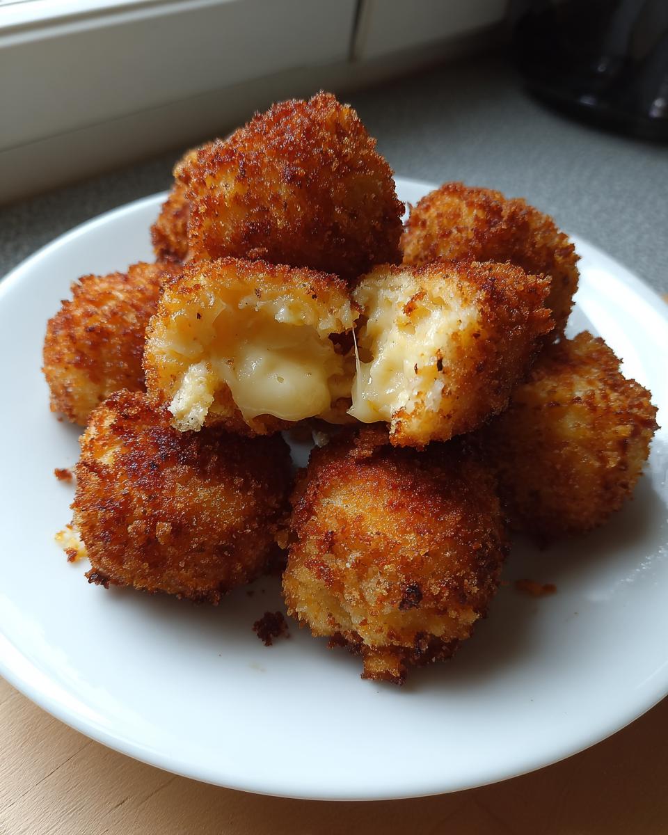 A stack of golden brown, deep-fried potato croquettes, one broken open to show a melted, gooey cheese center.