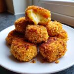 A stack of golden brown, crispy potato croquettes with one broken open showing a melted, gooey cheese filling.