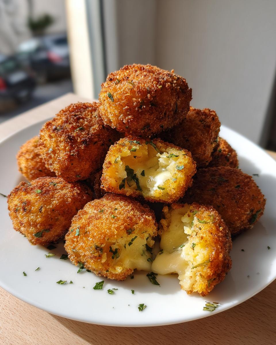 A pile of golden brown, crispy potato croquettes, with two broken open revealing a melted cheese center.