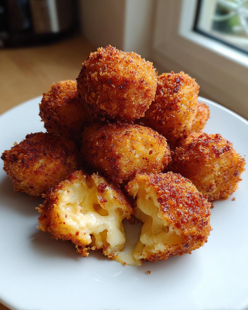 A stack of crispy, golden brown potato croquettes, one broken open showing a gooey, melted cheese filling.