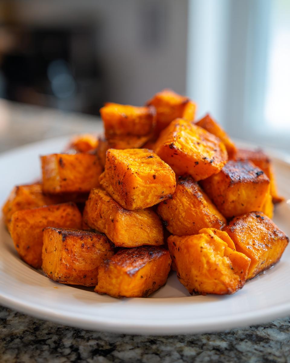 A pile of perfectly caramelized and seasoned roasted sweet potatoes cubes served on a white plate.