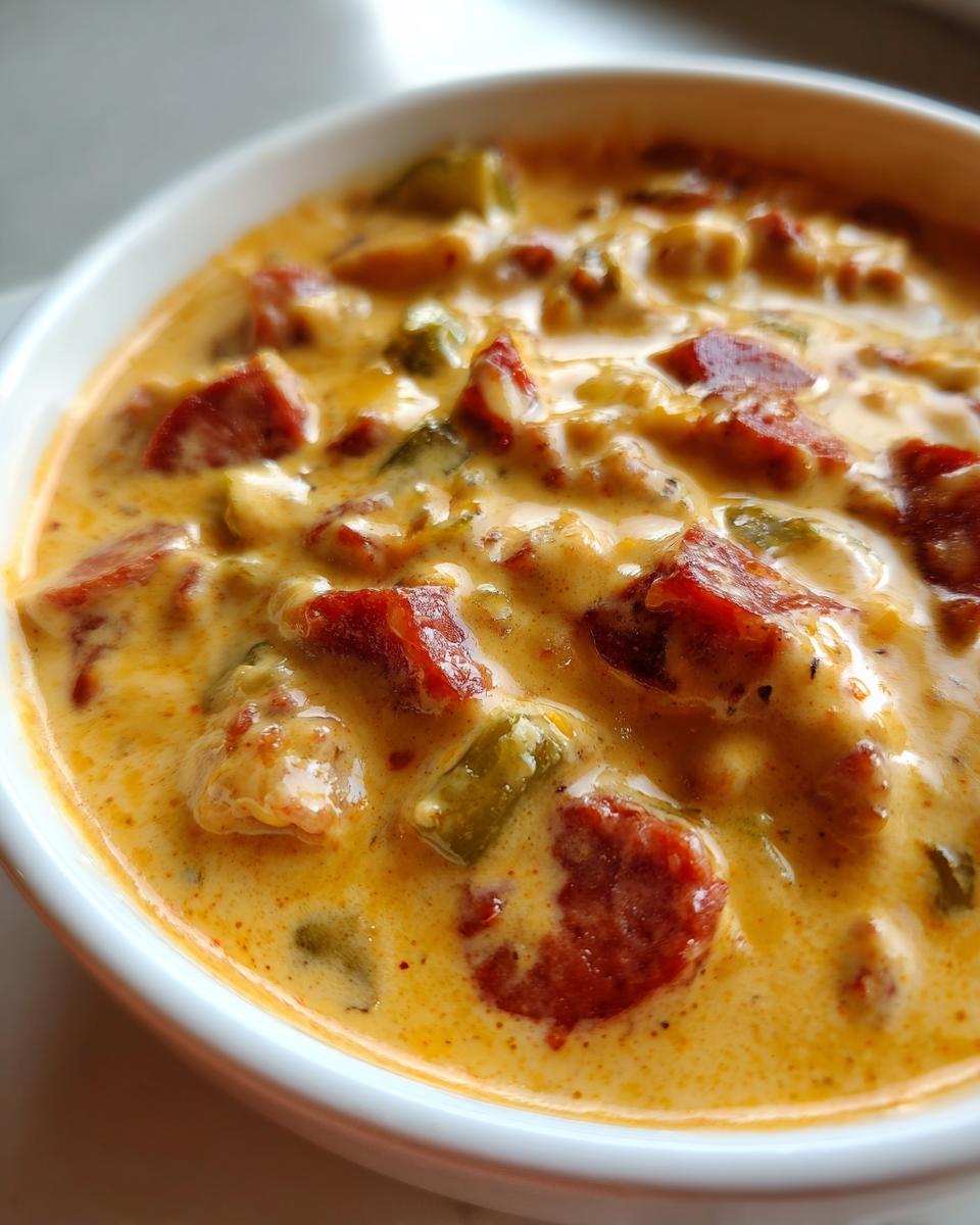 Close-up of a rich, creamy sausage cheese dip loaded with chunks of smoked sausage and green peppers.
