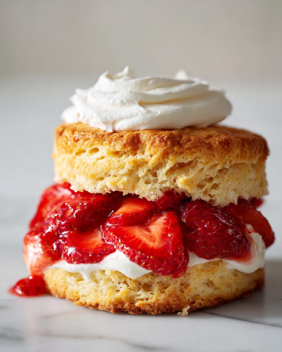 Close-up of a delicious, layered strawberry shortcake with macerated strawberries and whipped cream.