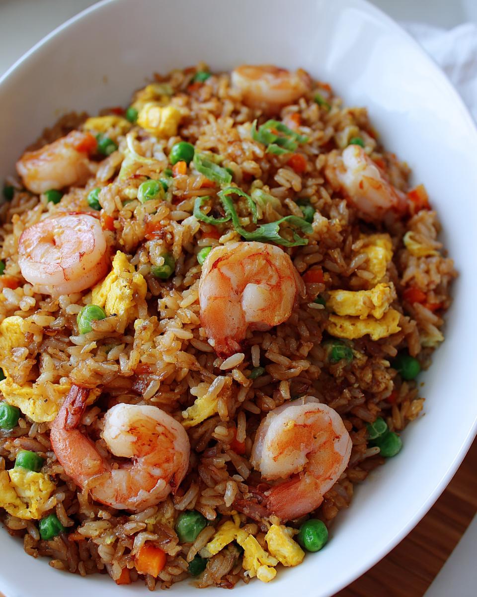 A close-up view of a white bowl filled with flavorful shrimp fried rice, topped with large pink shrimp, scrambled egg pieces, and green onions.