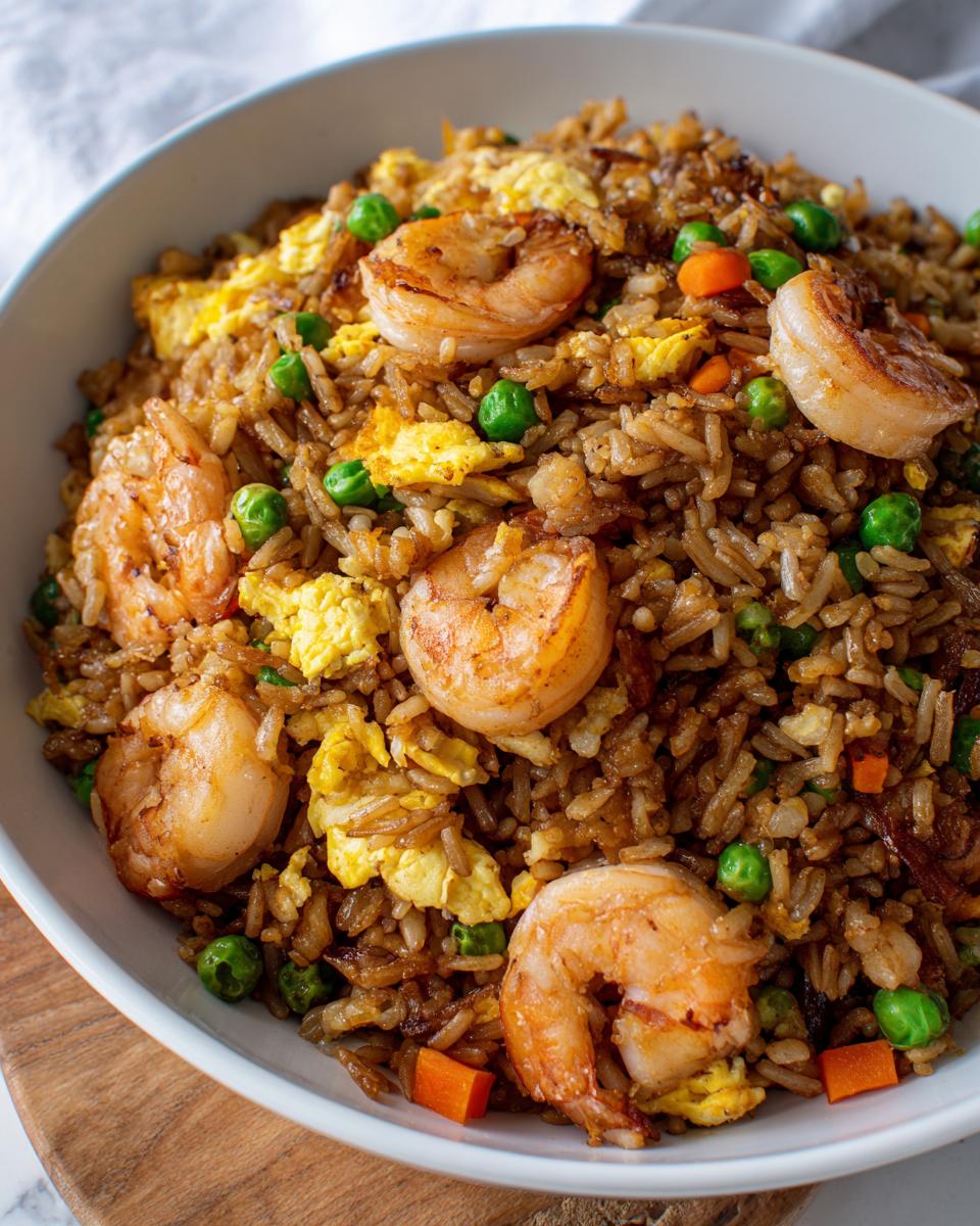 A close-up view of a white bowl filled with savory shrimp fried rice, featuring large shrimp, scrambled egg, peas, and carrots.