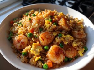 A close-up, sunlit photo of a white bowl filled with savory shrimp fried rice, featuring plump shrimp, green peas, carrots, and scrambled egg pieces.