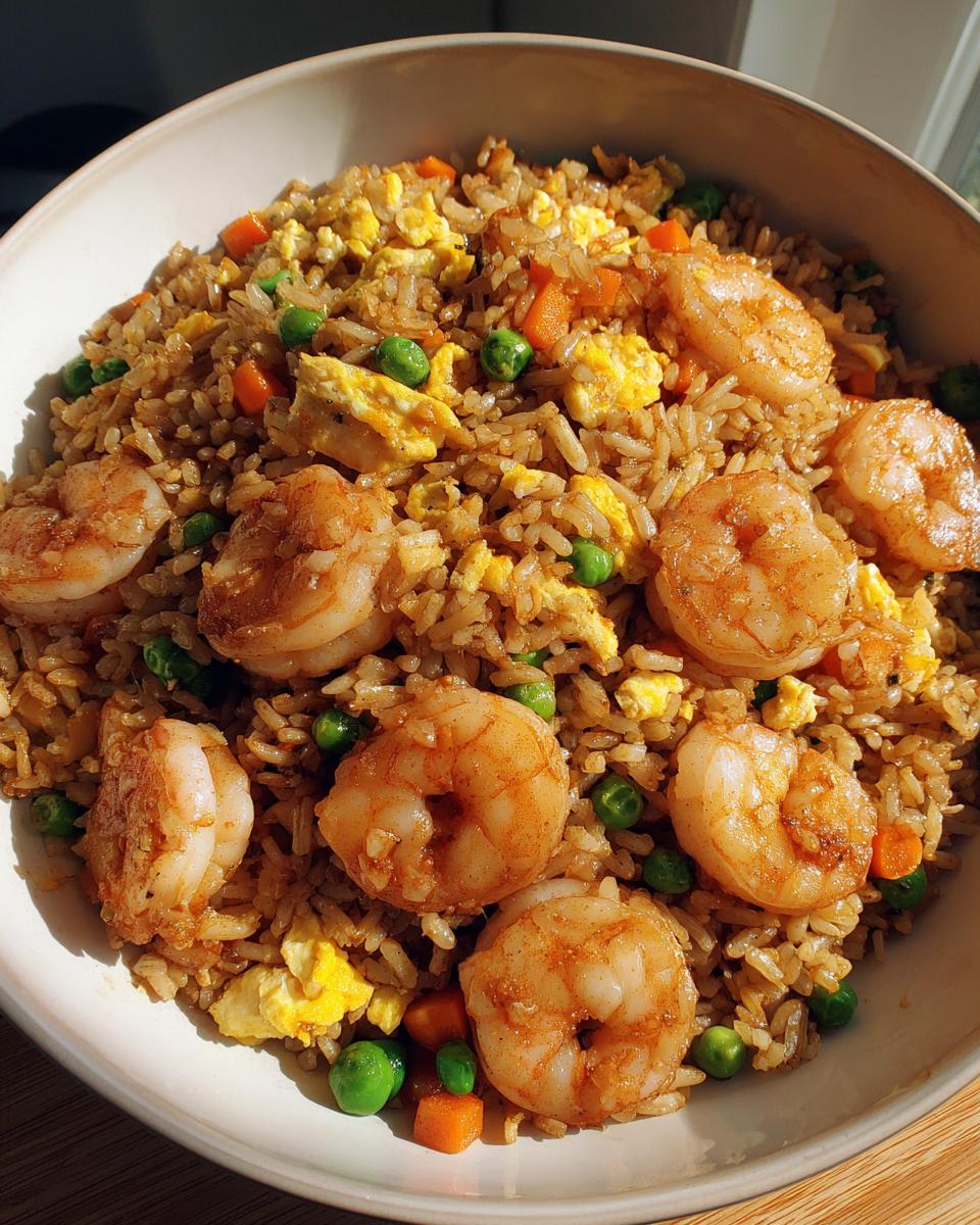 Close-up of a bowl filled with flavorful shrimp fried rice, featuring large shrimp, scrambled egg, peas, and carrots.