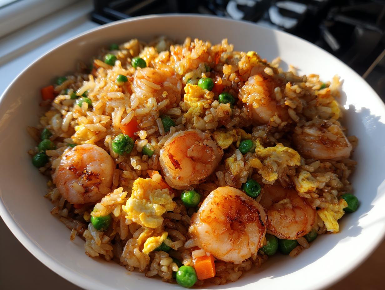 A close-up, sunlit photo of a white bowl filled with savory shrimp fried rice, featuring plump shrimp, green peas, carrots, and scrambled egg pieces.