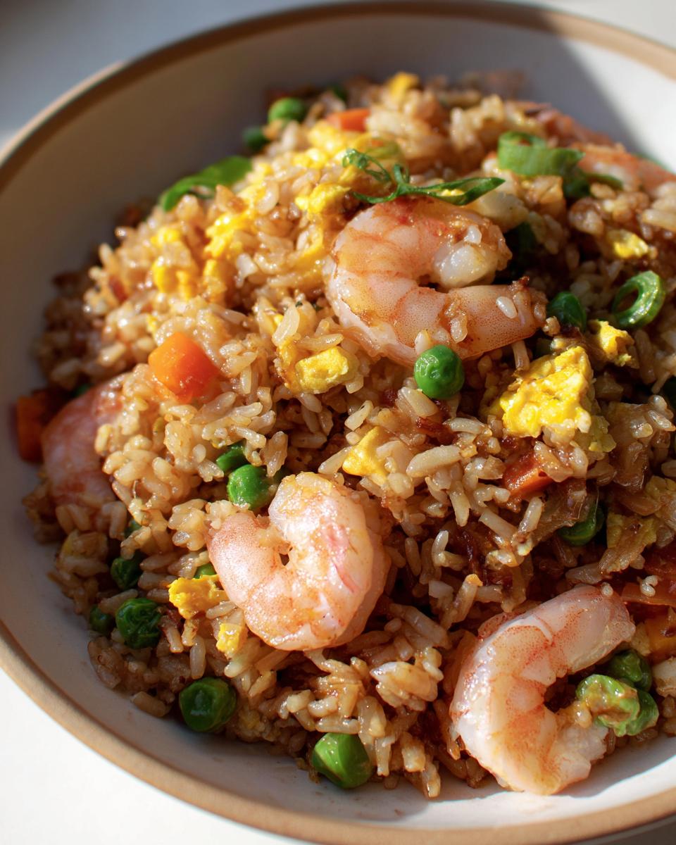 A close-up, appetizing shot of homemade shrimp fried rice featuring plump shrimp, scrambled egg, peas, and carrots.