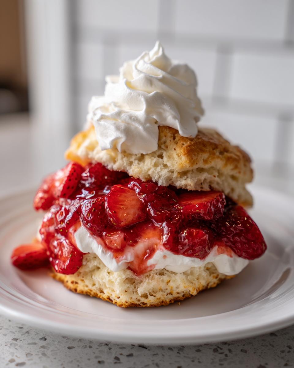 A close-up of a homemade strawberry shortcake featuring biscuit layers, macerated strawberries, and whipped cream.