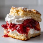 A close-up of a delicious strawberry shortcake, featuring fluffy biscuit layers, whipped cream, and macerated strawberries.
