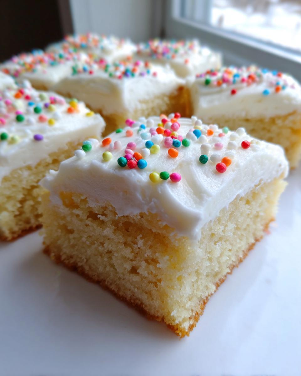 A close-up of a square sugar cookie bars slice topped with white frosting and colorful sprinkles.
