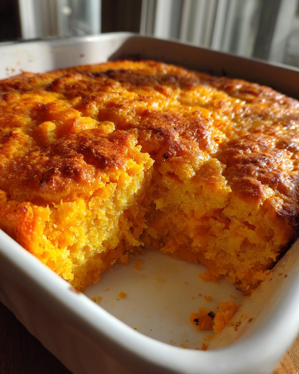 Close-up of a golden-brown sweet potato cobbler baked in a white dish, showing a portion removed.
