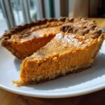 A close-up of a thick slice of rich orange sweet potato pie next to the rest of the sweet potato pie.