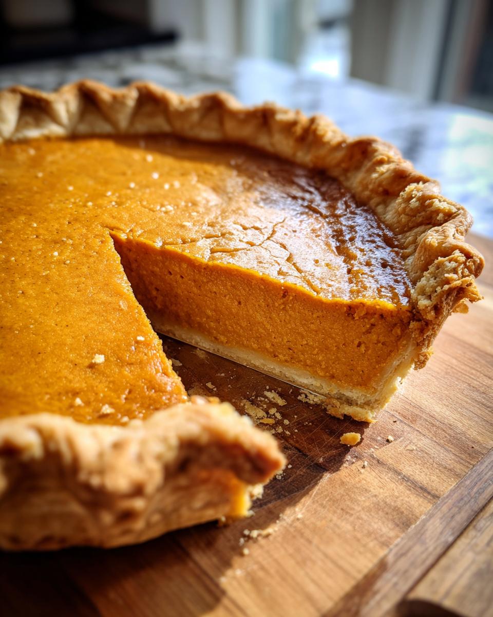 A close-up of a freshly baked sweet potato pie with one slice partially removed, resting on a wooden cutting board.