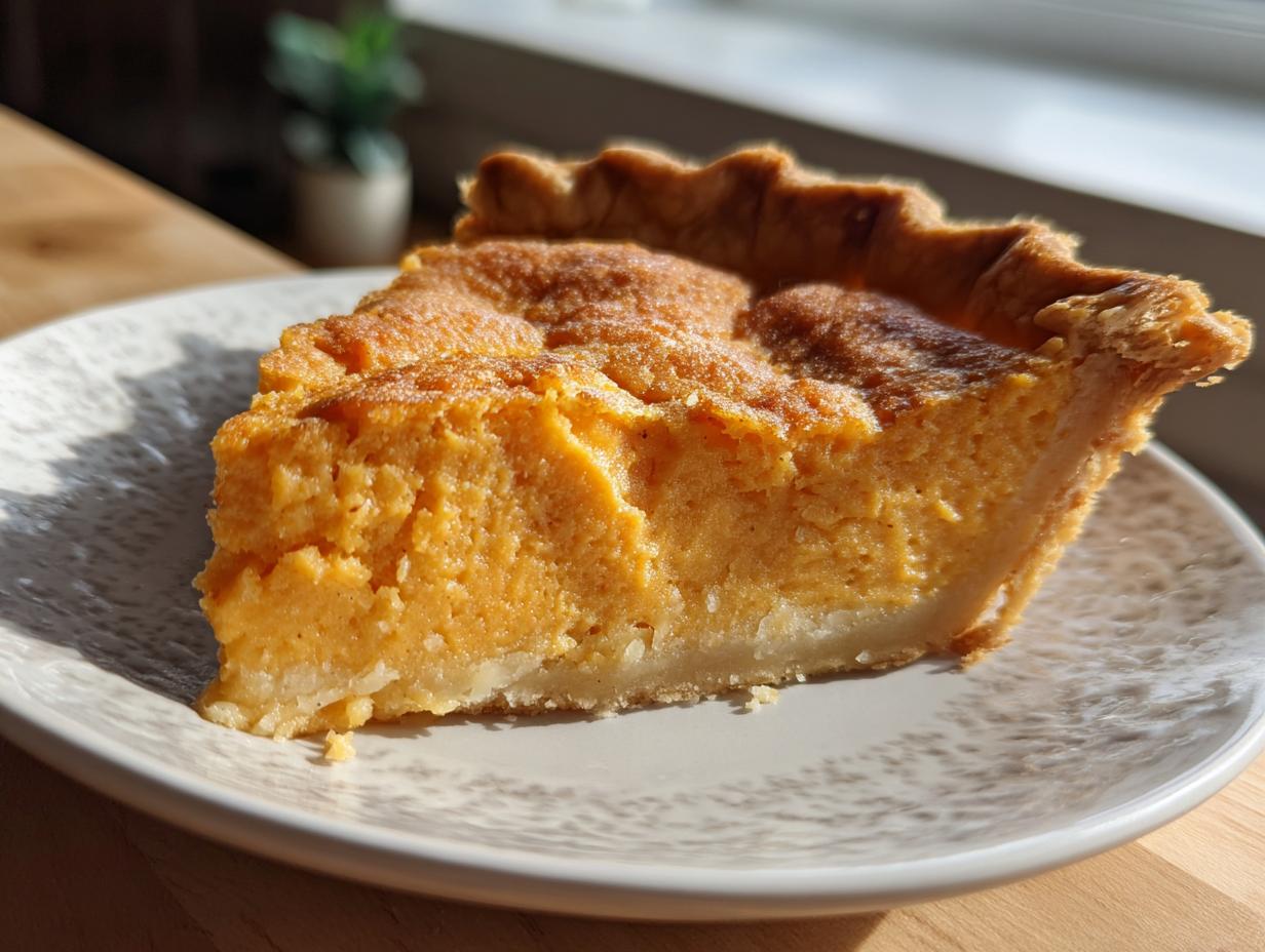 A close-up of a thick slice of amazing sweet potato pie with a golden-brown crust, served on a white plate.
