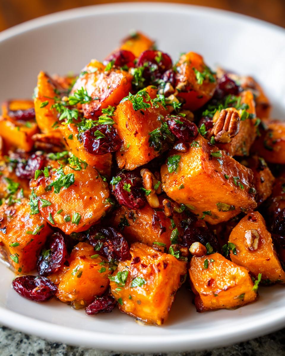 Close-up of roasted chunks in a sweet potato salad, mixed with dried cranberries and pecans, garnished with parsley.